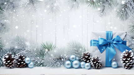 Fototapeta na wymiar Christmas gift with blue ribbons, balls and baubles on snow covered surface, snowfall and abstract wooden board background with sparkling lights and snowflakes.
