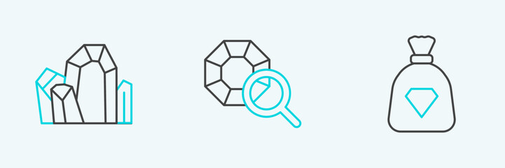 Set line Bag with gems, Gem stone and icon. Vector