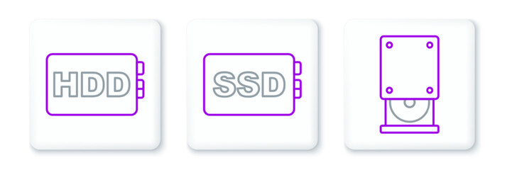 Set line Optical disc drive, Hard disk HDD and SSD card icon. Vector