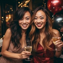 Attractive asian girls enjoy urban outdoor lifestyle nightlife on holiday vacation