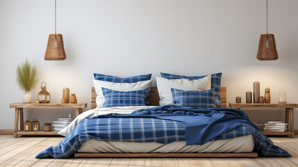 Swedish minimalist bedroom with ceramic walls, bed with blue and white checkered duvet. 