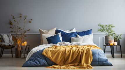 Swedish minimalist bedroom with ceramic walls.  - obrazy, fototapety, plakaty
