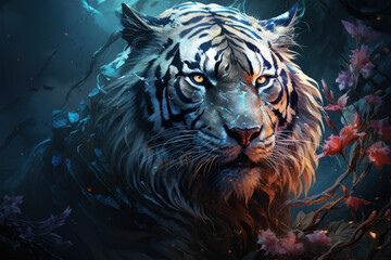 A contemplative Siberian Tiger resting by a tranquil mountain lake, the first light of dawn breaking through the clouds, Generative Ai
