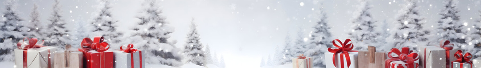 Christmas gift group with red ribbons and snow covered spruce trees and red baubles in the background, snowfall on abstract background with snowflakes and sparkles.