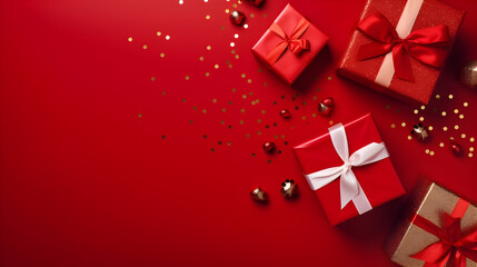 Christmas gifts with red ribbons and decorations in a row on red abstract background. Flat lay, top view, copyspace.