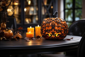 Halloween is a fun traditional holiday. Interior design with pumpkin in orange colors.