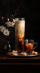 Iced coffee with milk in a glass on a dark background.