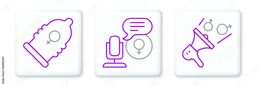 Sticker set line feminist activist, condom and microphone icon. vector