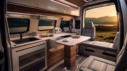 A modern luxury camper van with expandable sections and high-end finishes. - obrazy, fototapety, plakaty