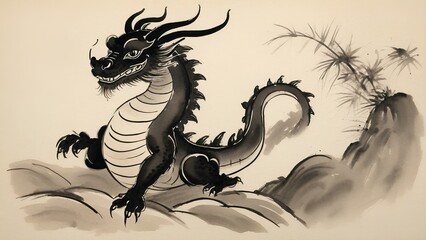 かわいい小さな龍の水墨画、 伝統的な東洋の水墨画、墨絵素材、干支｜Cute little dragon ink painting. Traditional oriental ink painting, sumi-e materials. zodiac. Generative AI
