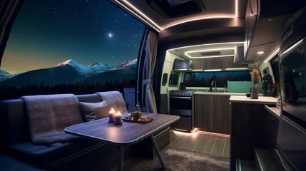  A modern luxury camper van with a rooftop cinema and starlit ceiling. © Adeel  Hayat Khan