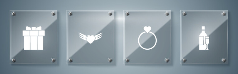 Set Champagne bottle, Wedding rings, Heart with wings and Gift box. Square glass panels. Vector