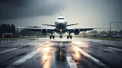 Rain-Soaked Touchdown: Airplane Landing on Drenched Airport Runway in Rainy Conditions