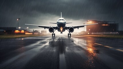 Naklejka premium Stormy Touchdown: Aircraft Landing on Rainy Airport Runway in Adverse Weather
