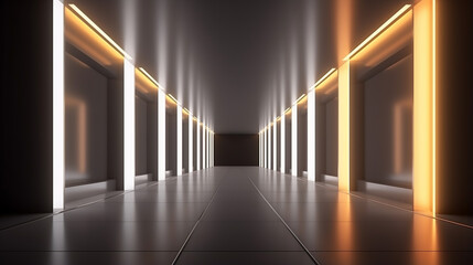 Illuminated corridor interior design. futuristic streamlined interior space design. generative ai