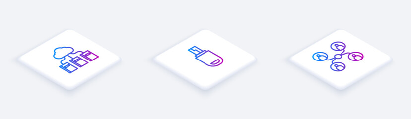 Set Isometric line Cloud or online library, USB flash drive and Online class. White square button. Vector
