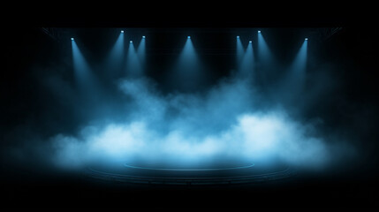 Illuminated stage with scenic lights smoke. Blue concert lighting a dark background. generative ai
