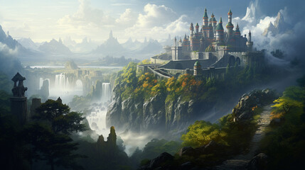 illustration painting castle fantasy forest adventure fog. generative ai - obrazy, fototapety, plakaty