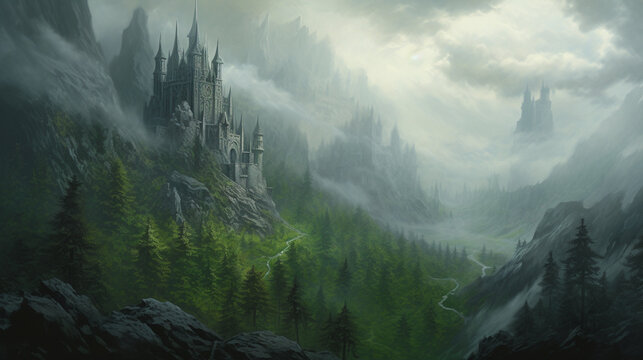 Fototapeta illustration painting castle fantasy forest adventure fog. generative ai