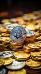 A bitcoin sitting on top of a pile of crypto currency gold coins - Digital Bitcoin and Crypto Currency Surrounded by Wealth and Prosperity