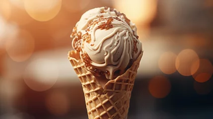 Foto auf Alu-Dibond A melting ice cream cone with a swirl of chocolate and caramel, AI © starush