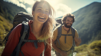 Young woman and man trekking happily enjoying natural