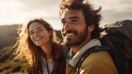 Young woman and man trekking happily enjoying natural - obrazy, fototapety, plakaty