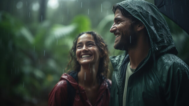 Close-up Young woman and man trekking natural in the rain forest