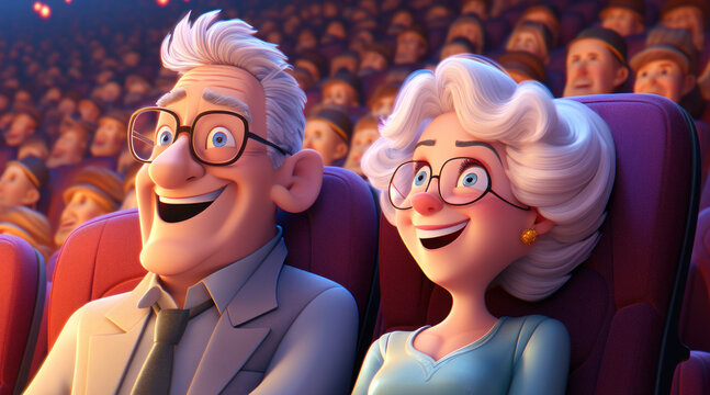 Cute Middle age couple with exited faces at the cinema, 3d style cartoon character illustration
