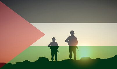 Silhouette of soldiers with palestine flag against the sunrise. Concept - armed forces of palestine - obrazy, fototapety, plakaty