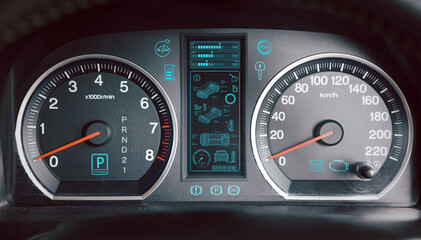 car interior dashboard details. Speedometr.
