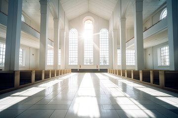 Modern white church in background of sun shining. church concept of sanctuary and faith. - obrazy, fototapety, plakaty