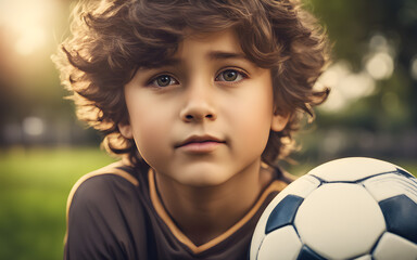 Closeup on a child boy playing soccer in a park