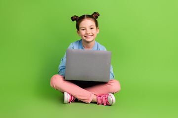 Full body photo of cute little girl with brown buns hairstyle wear blue pullover sitting with...