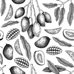 Ripe mango background. Tropical fruit seamless pattern. Hand drawn vector illustration. Exotic plant with fruit, leaves, branches sketches. Summer food design, juice packaging, wrapping paper