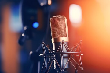 close up Radio station microphone in recording studio with blur background