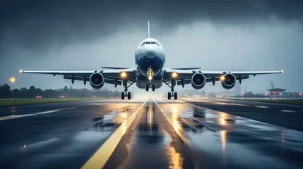 Fotobehang A Rainy Touchdown: Aircraft Landing on a Wet Runway in Inclement Weather © lublubachka