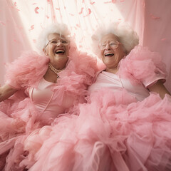 two elderly woman in pink dresses attending a wedding in happy optimistic mood
