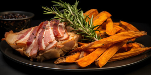 Glazed carved roast ham and sweet potato with fresh herbs and aromatic spices. Homemade baked pork slices at holiday dinner. Xmas dinner table setting on dark background.