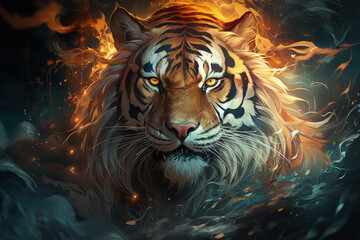 A contemplative Siberian Tiger resting by a tranquil mountain lake, the first light of dawn breaking through the clouds, Generative Ai
