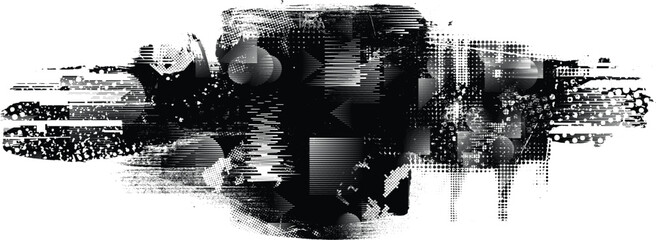 Glitch distressed grange shape . Noise grungy logo .  Shape textured with fast lines.Grunge , distress effect .Vector shapes with a halftone dots, and speed lines. screen print texture.