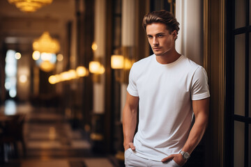 Fototapeta premium T-shirt mockup of a man wearing a plain white t-shirt standing in a luxury hotel lounge