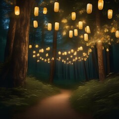 A surreal, illuminated forest with firefly lanterns hanging from the trees1