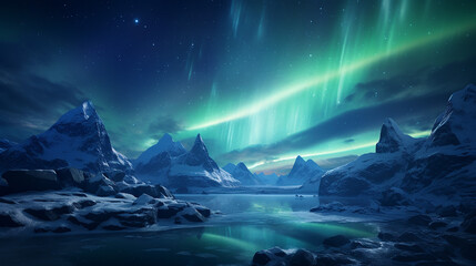 Fototapeta premium beautiful aurora borealis over the snowy mountain in the scandinavia.