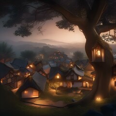 An otherworldly, illuminated village nestled within the branches of an ancient tree1