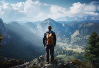 hiker with backpack on the top of mountain