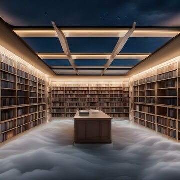 A floating, illuminated library in the clouds where books take flight at night3