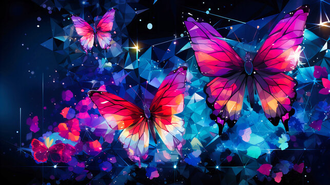Cosmic Dance of Vibrant Butterflies Amidst Geometric Stars and Ethereal Lights of the Night