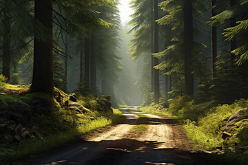 empty road in the woods with morning light or sun beam. peaceful wallpaper. - Powered by Adobe