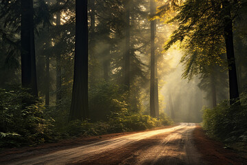 empty road in the woods with morning light or sun beam. peaceful wallpaper.